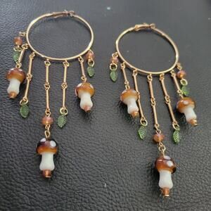 Boho mushroom gold tone hoop earrings